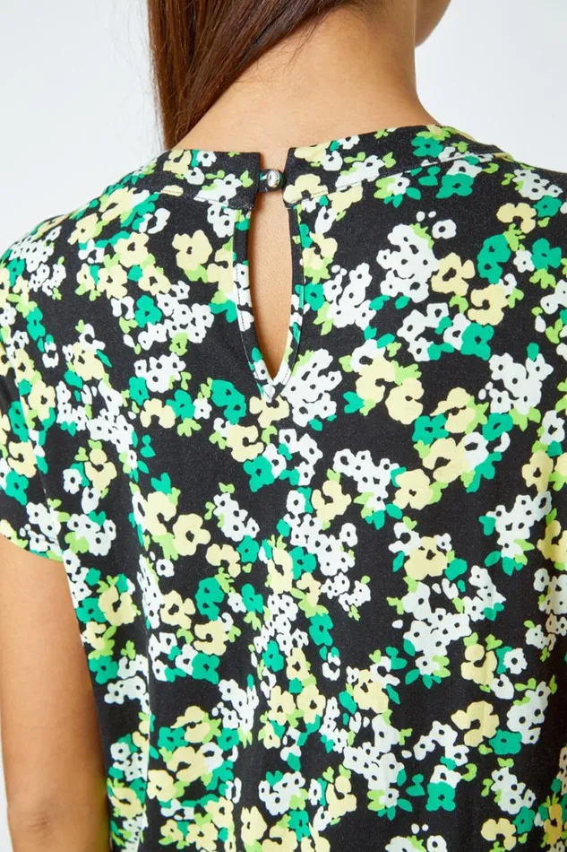 Green Floral Print Pleat Detail Blouse Women Roman Tops