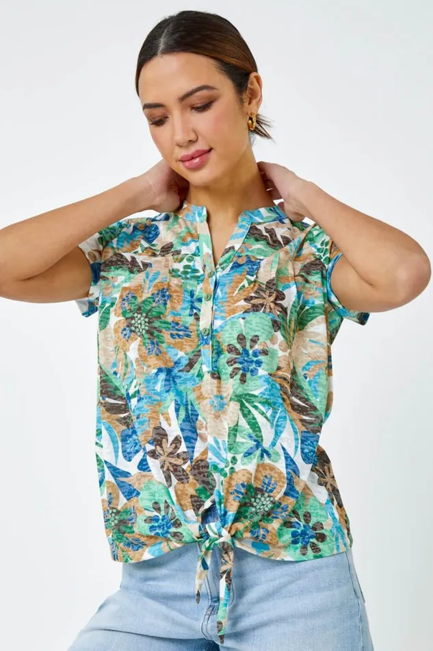 Green Floral Print Tie Detail Top Women Roman Tops