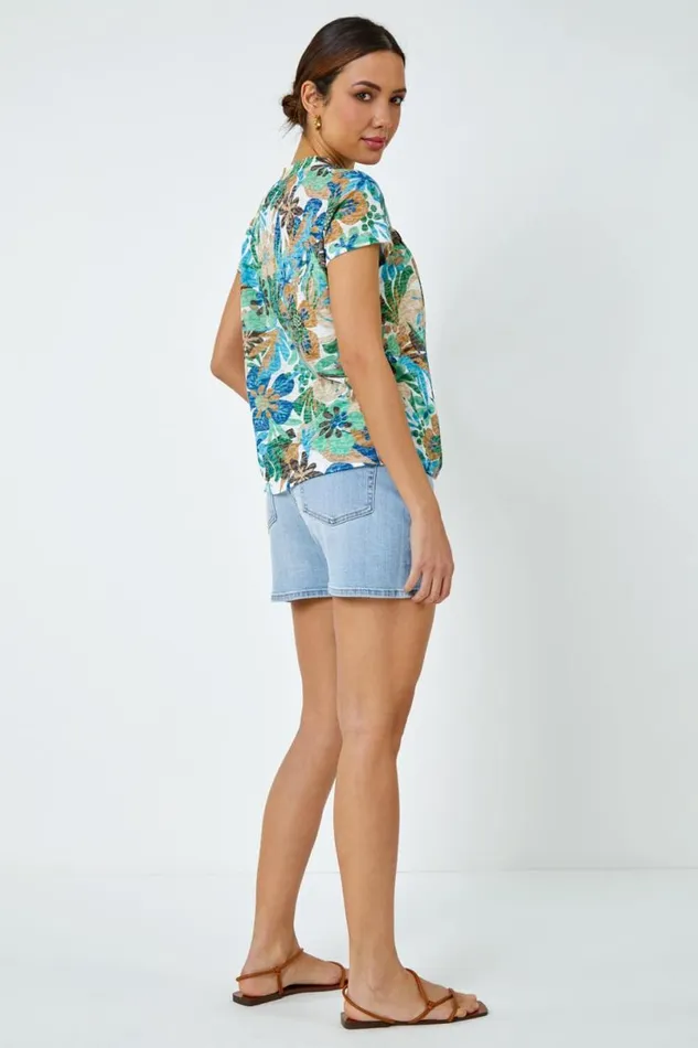 Green Floral Print Tie Detail Top Women Roman Tops