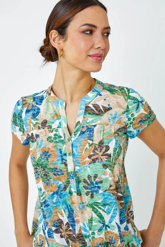 Green Floral Print Tie Detail Top Women Roman Tops