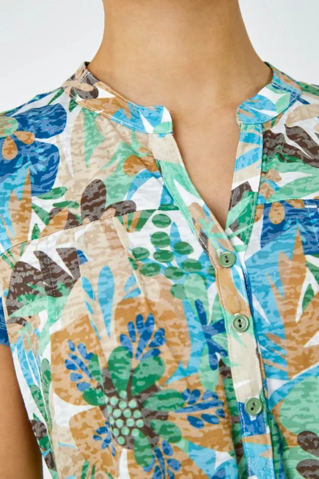 Green Floral Print Tie Detail Top Women Roman Tops