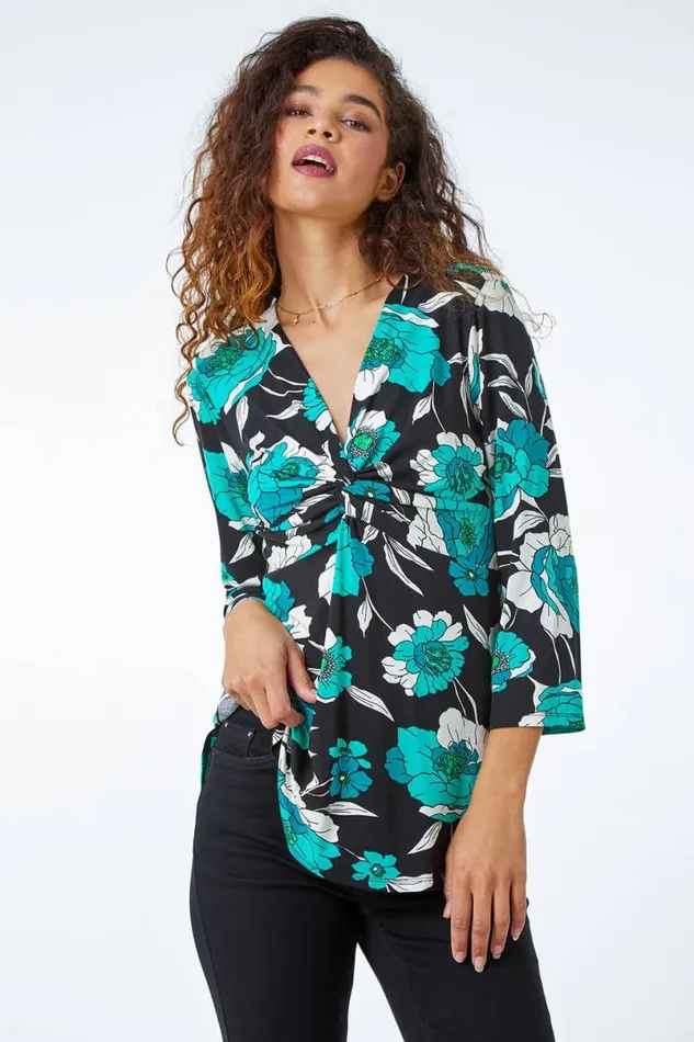 Green Floral Twist Detail Stretch Top Women Roman Tops