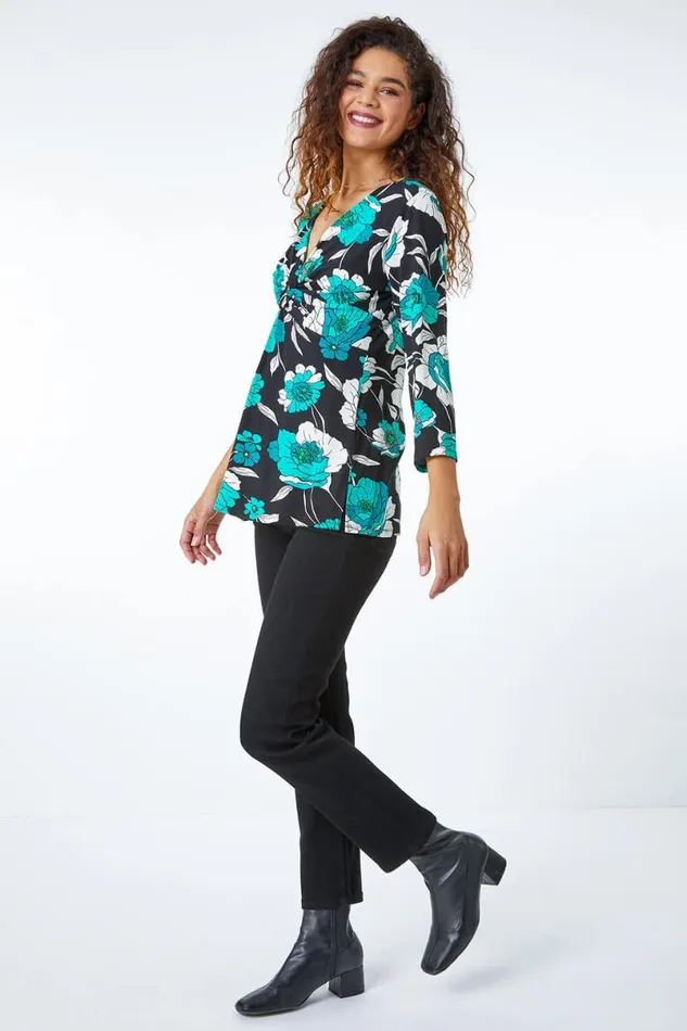 Green Floral Twist Detail Stretch Top Women Roman Tops