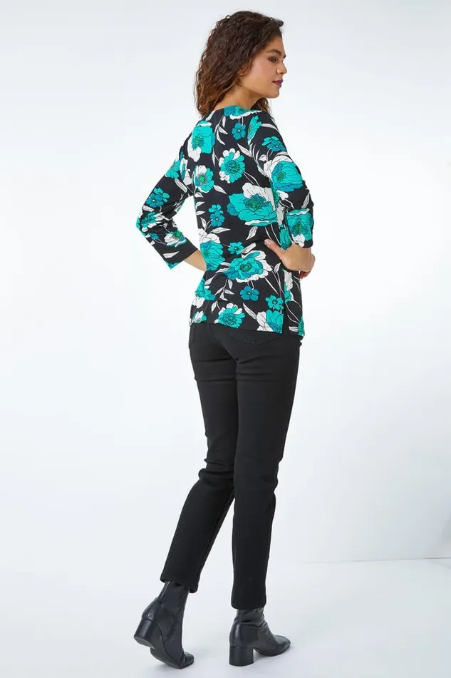 Green Floral Twist Detail Stretch Top Women Roman Tops