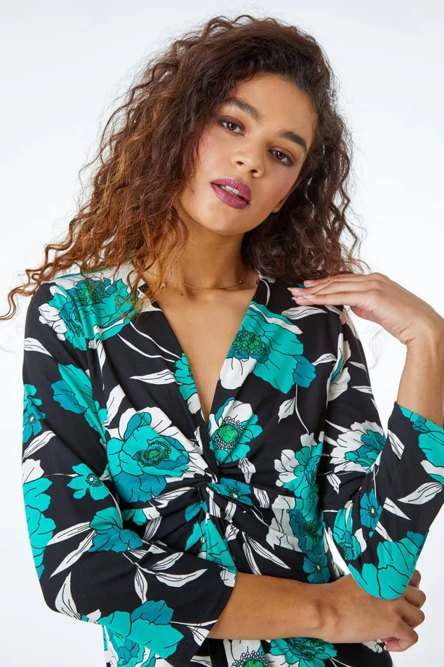 Green Floral Twist Detail Stretch Top Women Roman Tops