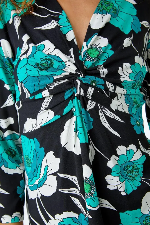 Green Floral Twist Detail Stretch Top Women Roman Tops