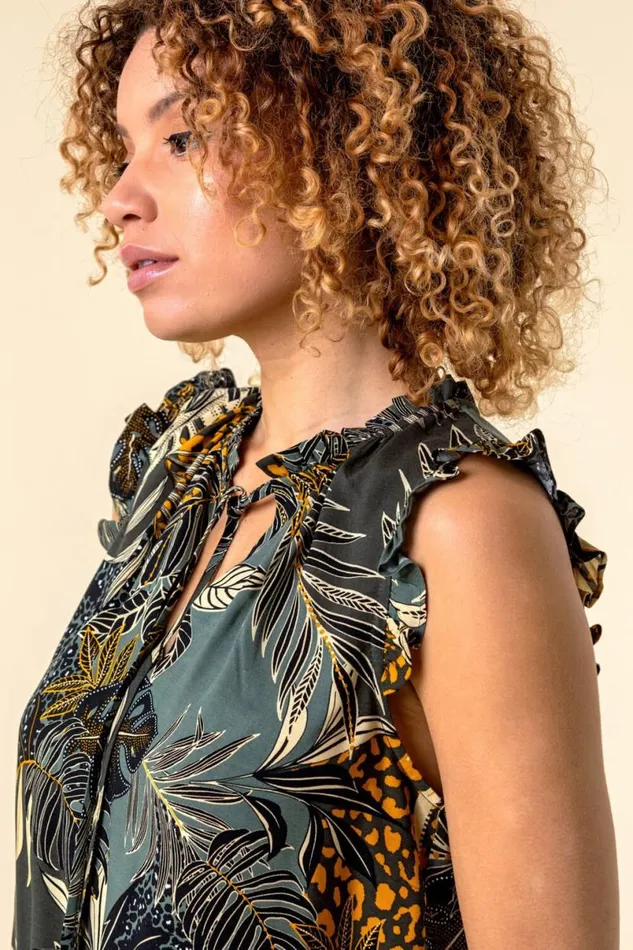 Green Frill Detail Tropical Print Top Women Roman Tops