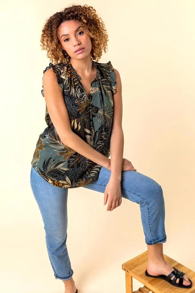 Green Frill Detail Tropical Print Top Women Roman Tops
