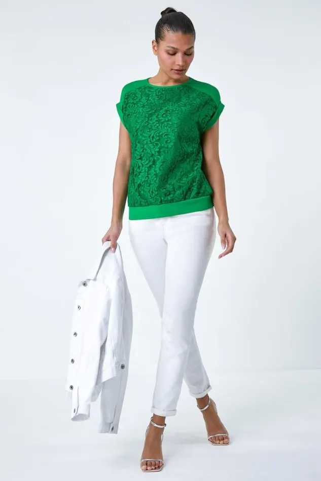 Green Lace Panel Stretch Jersey Top Women Roman Tops