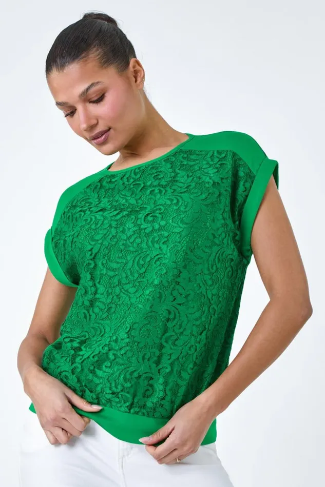Green Lace Panel Stretch Jersey Top Women Roman Tops