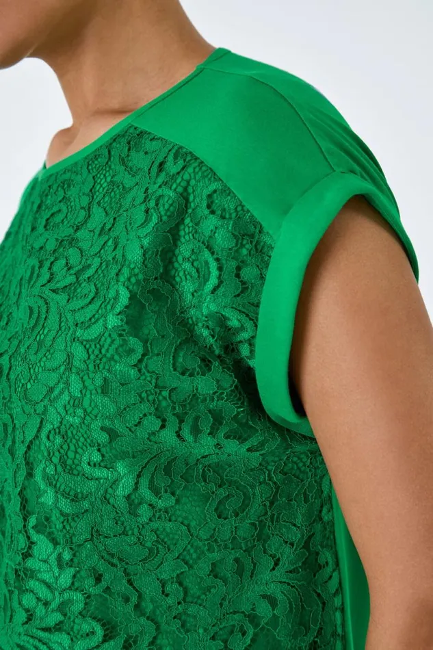 Green Lace Panel Stretch Jersey Top Women Roman Tops
