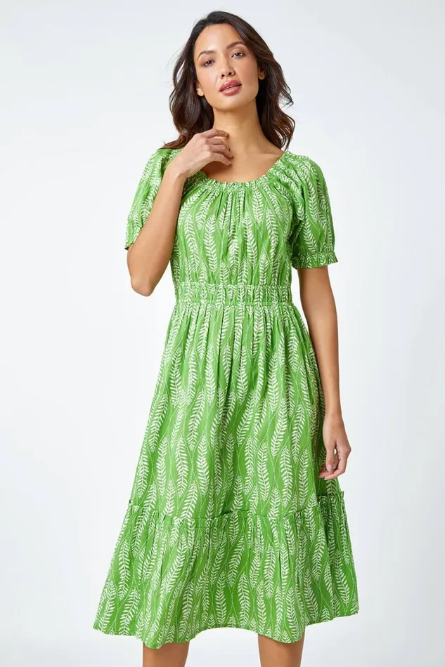 Green Leaf Print Stretch Neck Midi Dress Women Roman Dresses