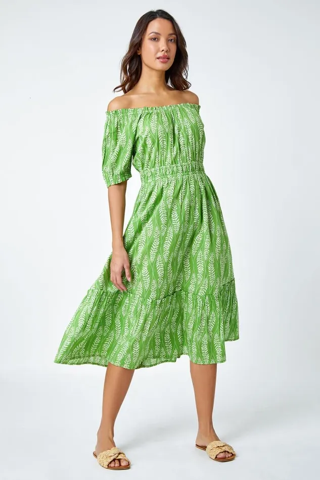 Green Leaf Print Stretch Neck Midi Dress Women Roman Dresses