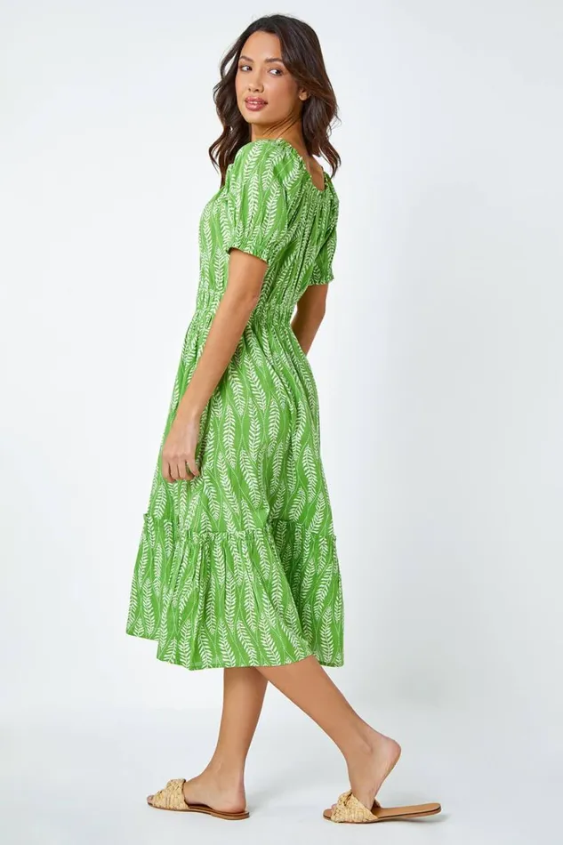 Green Leaf Print Stretch Neck Midi Dress Women Roman Dresses