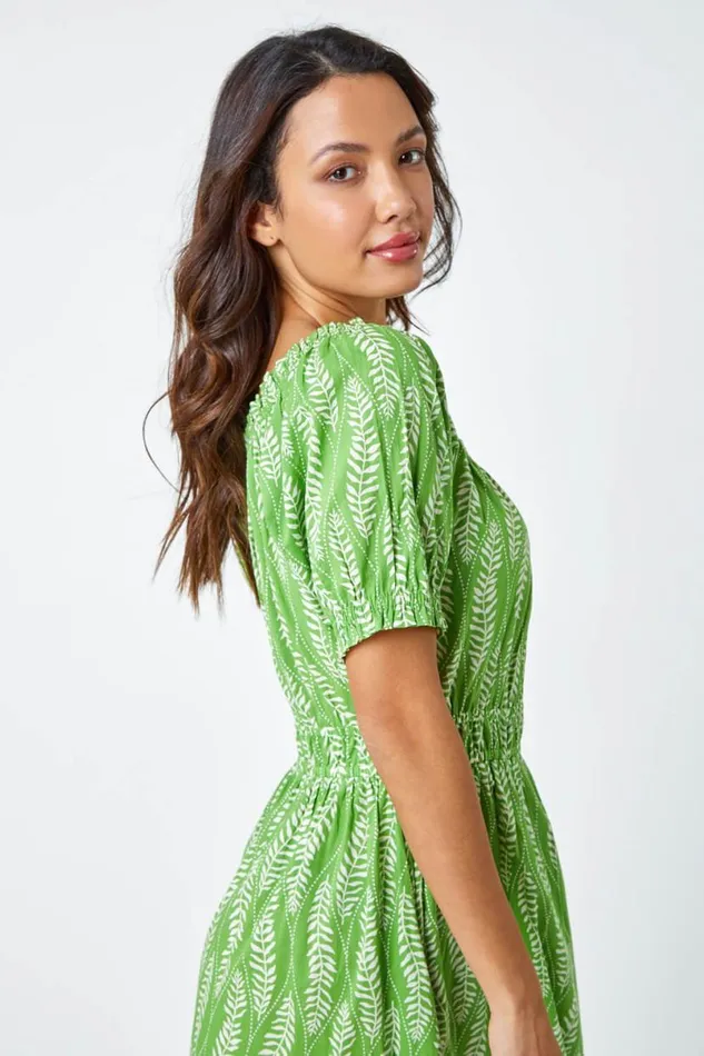 Green Leaf Print Stretch Neck Midi Dress Women Roman Dresses