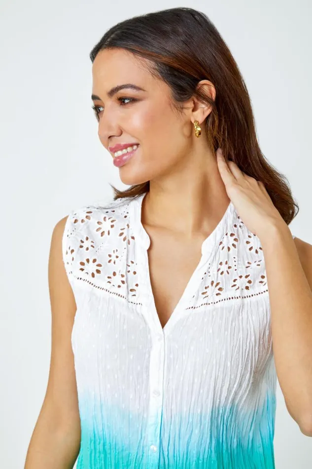 Green Ombre Embroidered Crinkle Blouse Women Roman Tops