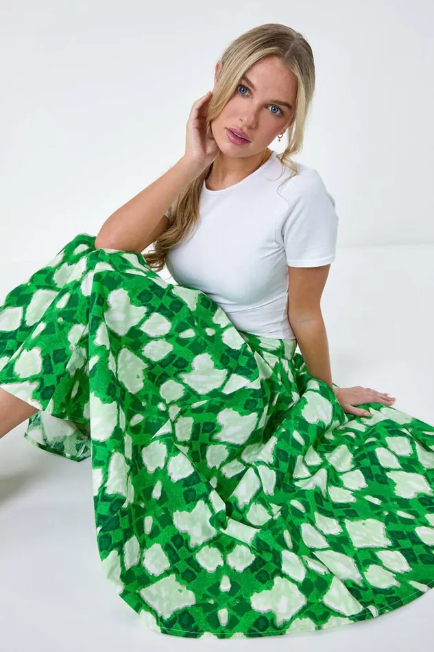 Green Petite Abstract Print Cotton Pocket Skirt Women Roman Skirts