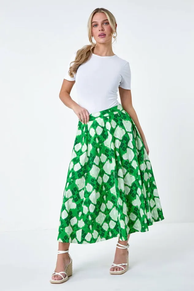 Green Petite Abstract Print Cotton Pocket Skirt Women Roman Skirts