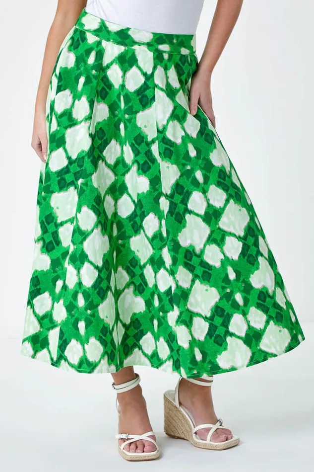 Green Petite Abstract Print Cotton Pocket Skirt Women Roman Skirts