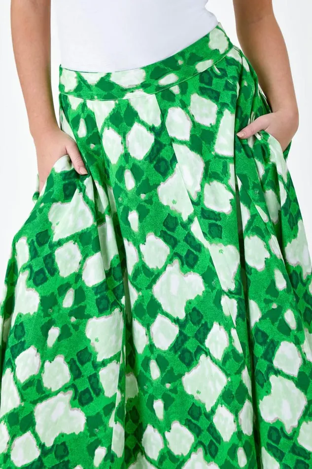 Green Petite Abstract Print Cotton Pocket Skirt Women Roman Skirts