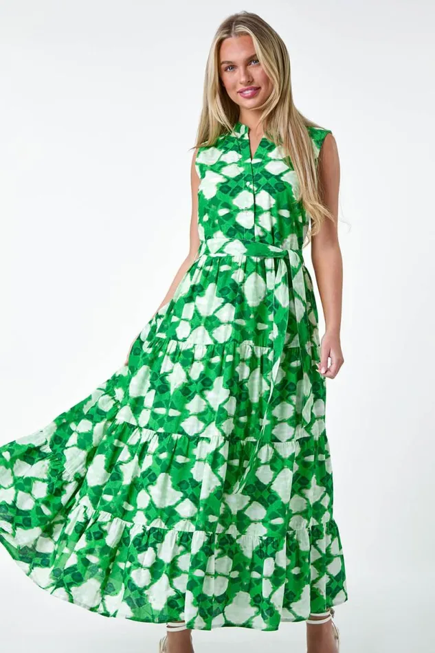 Green Petite Abstract Tiered Button Maxi Dress Women Roman Dresses