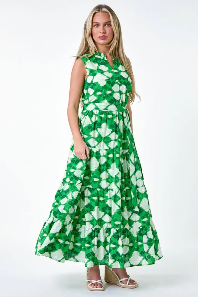 Green Petite Abstract Tiered Button Maxi Dress Women Roman Dresses