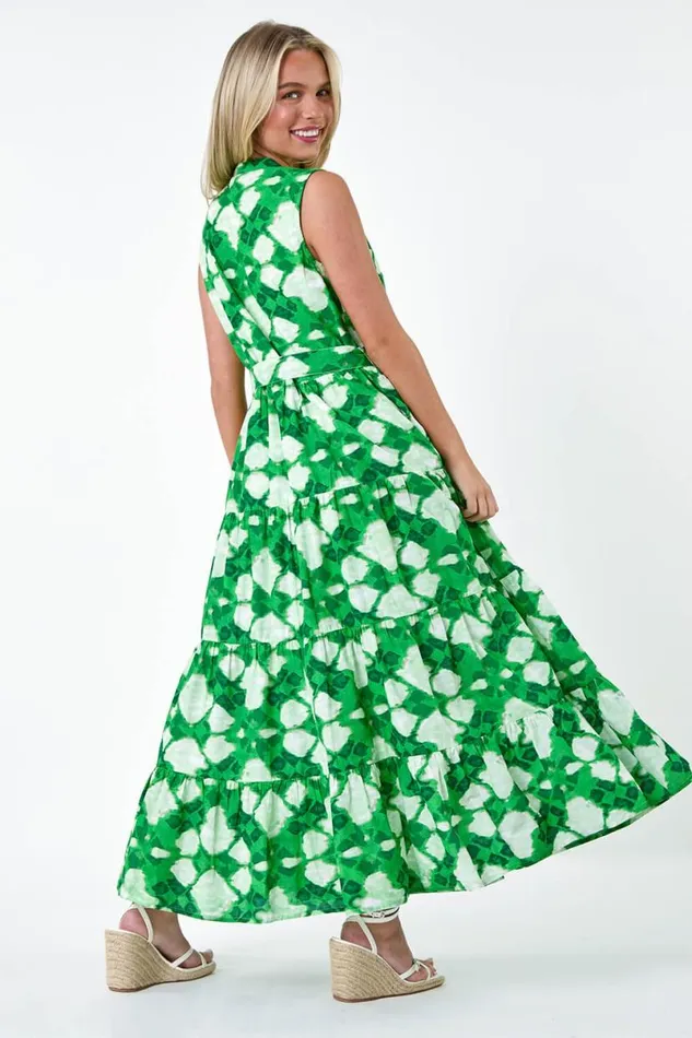 Green Petite Abstract Tiered Button Maxi Dress Women Roman Dresses
