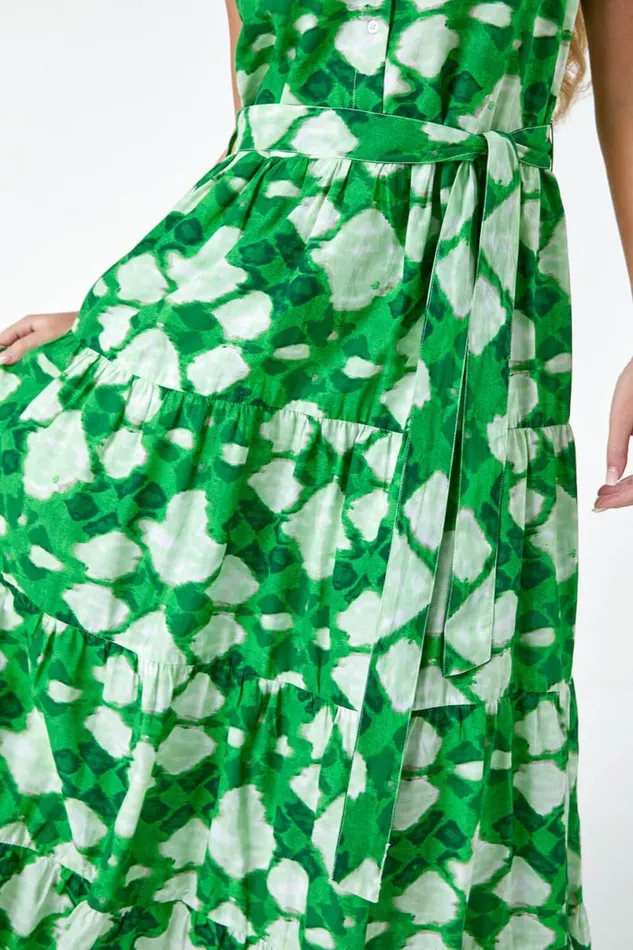 Green Petite Abstract Tiered Button Maxi Dress Women Roman Dresses