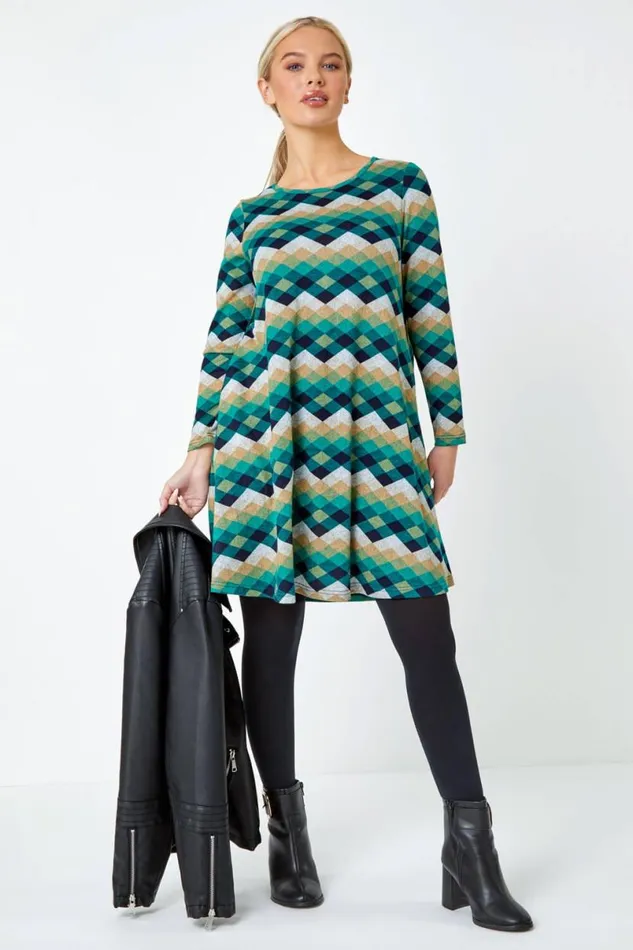 Green Petite Check Print Swing Stretch Dress Women Roman Dresses