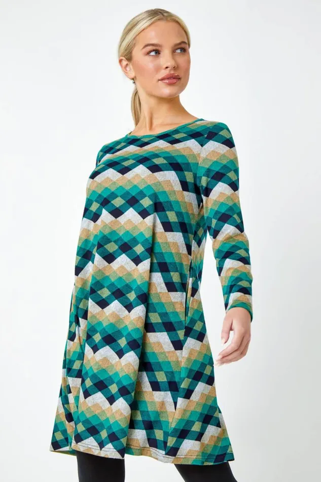 Green Petite Check Print Swing Stretch Dress Women Roman Dresses