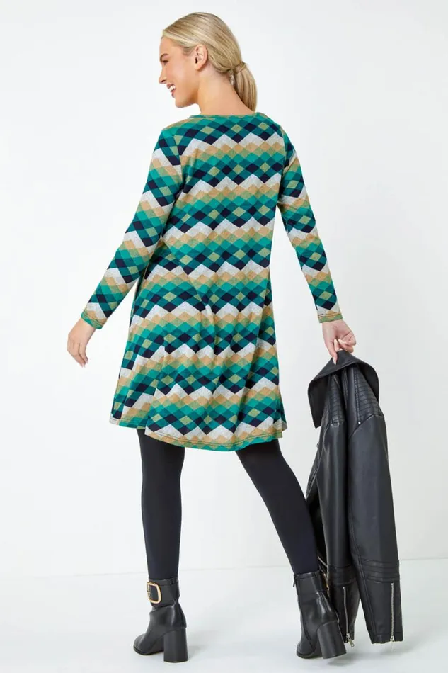 Green Petite Check Print Swing Stretch Dress Women Roman Dresses