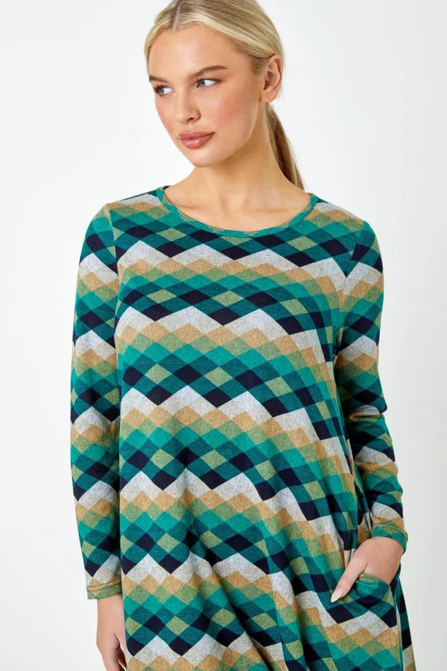 Green Petite Check Print Swing Stretch Dress Women Roman Dresses