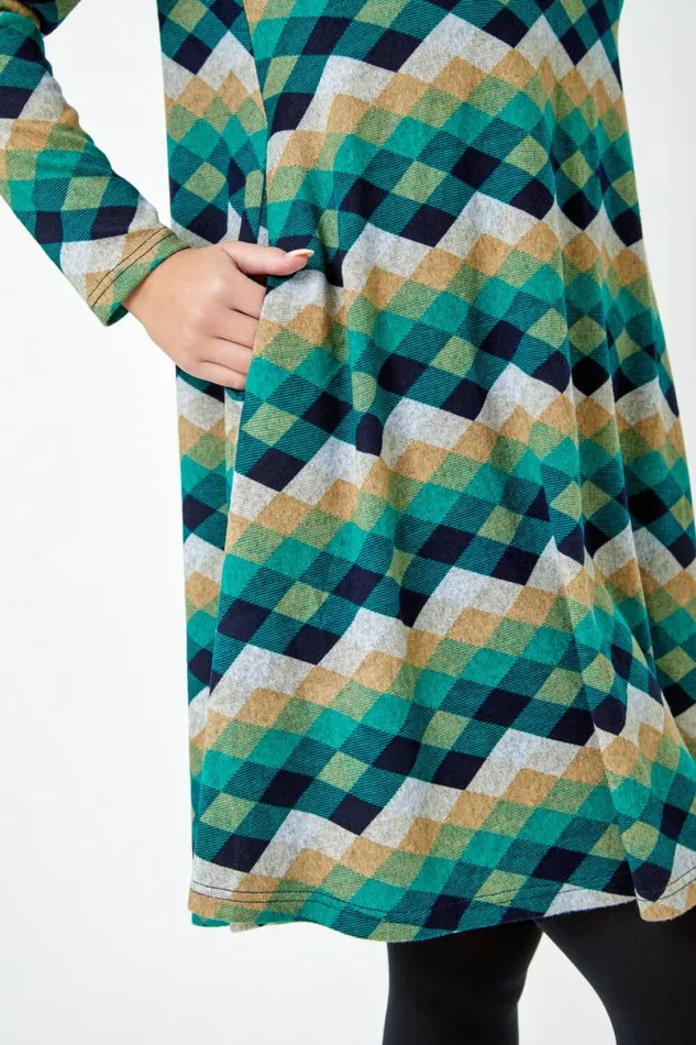 Green Petite Check Print Swing Stretch Dress Women Roman Dresses