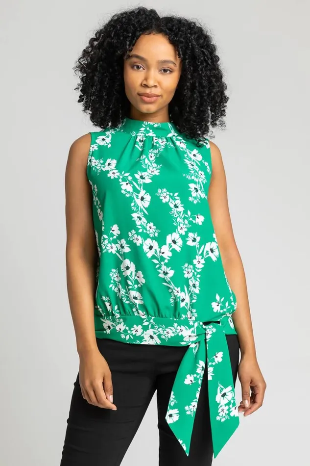 Green Petite Floral Print High Neck Tie Top Women Roman Tops