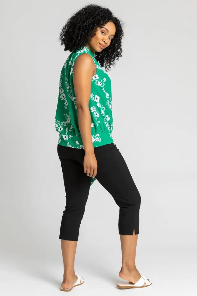 Green Petite Floral Print High Neck Tie Top Women Roman Tops