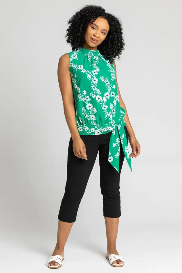 Green Petite Floral Print High Neck Tie Top Women Roman Tops