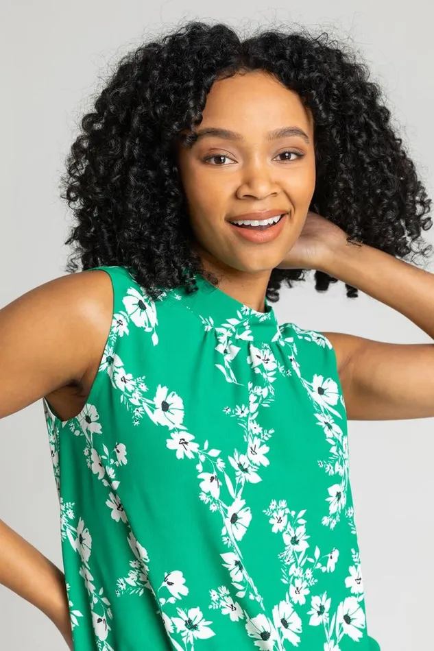 Green Petite Floral Print High Neck Tie Top Women Roman Tops
