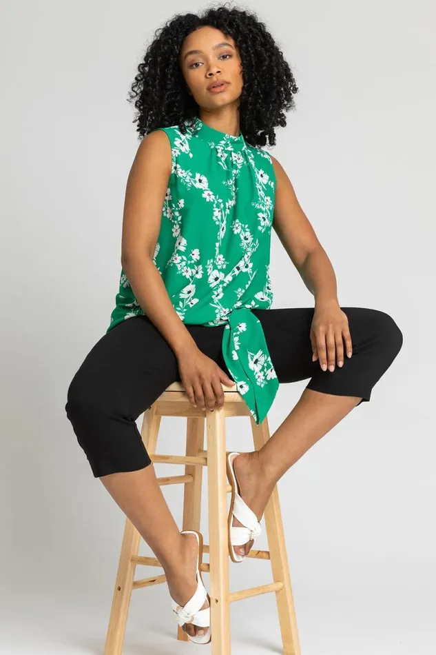 Green Petite Floral Print High Neck Tie Top Women Roman Tops