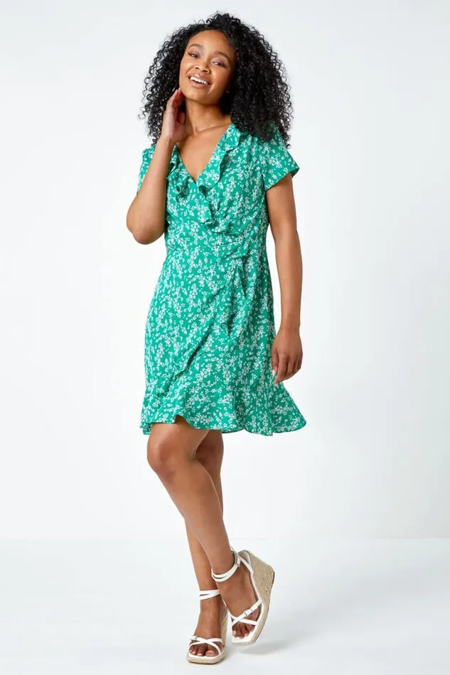 Green Petite Floral Print Ruffle Dress Women Roman Dresses