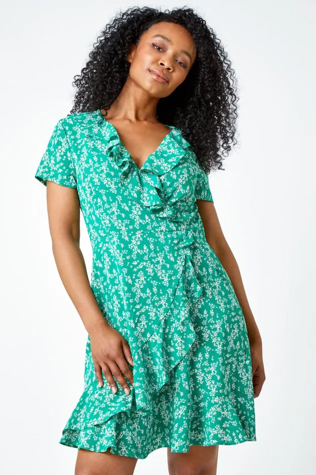 Green Petite Floral Print Ruffle Dress Women Roman Dresses