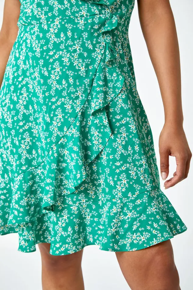 Green Petite Floral Print Ruffle Dress Women Roman Dresses