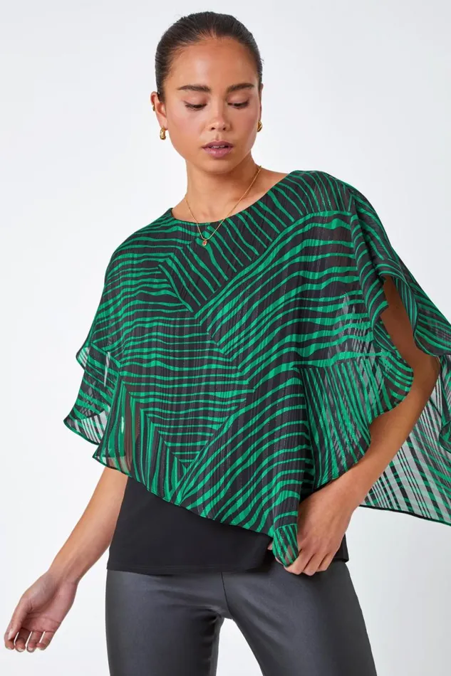 Green Petite Geometric Print Overlay Top Women Roman Tops