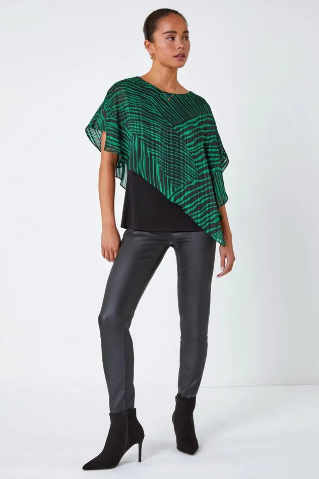 Green Petite Geometric Print Overlay Top Women Roman Tops