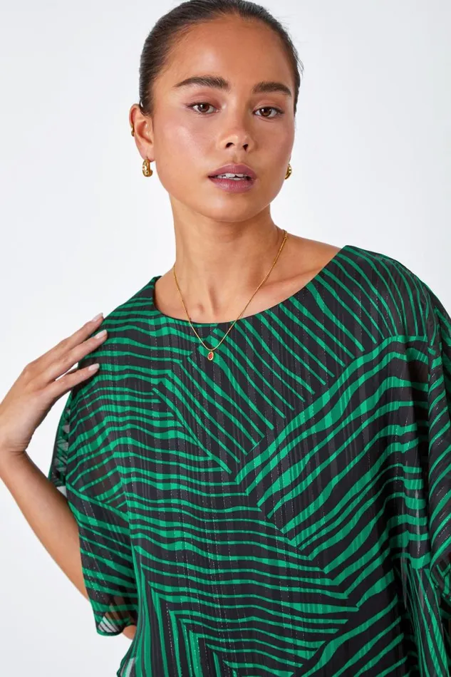 Green Petite Geometric Print Overlay Top Women Roman Tops