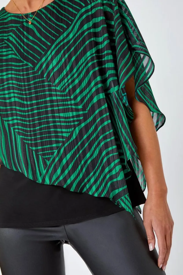 Green Petite Geometric Print Overlay Top Women Roman Tops