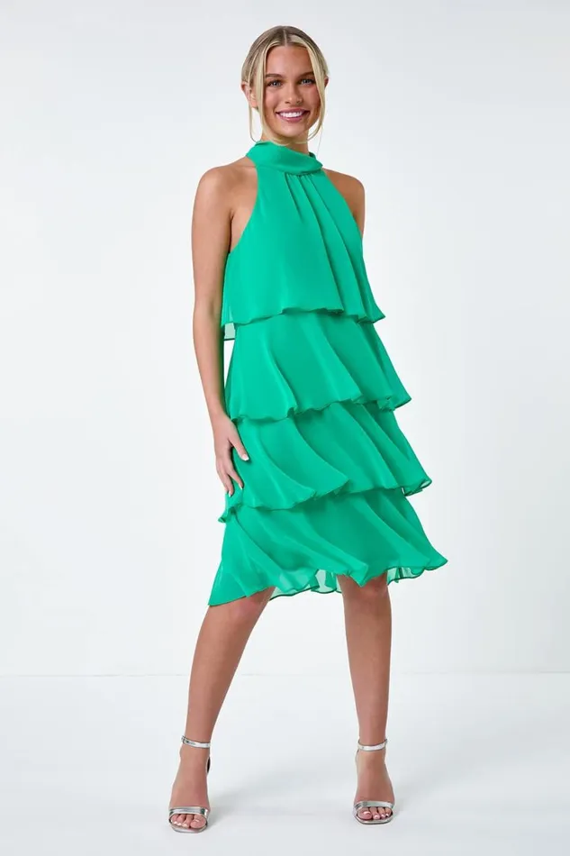 Green Petite Tie Neck Tiered Dress Women Roman Dresses