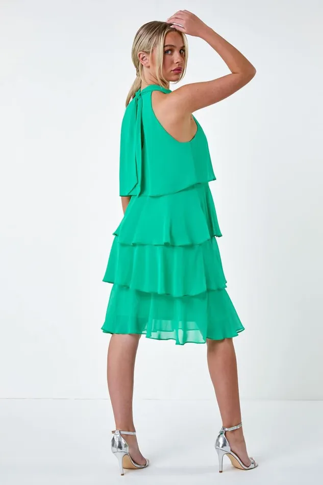 Green Petite Tie Neck Tiered Dress Women Roman Dresses