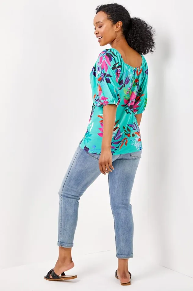 Green Petite Tropical Print Square Neck Top Women Roman Tops