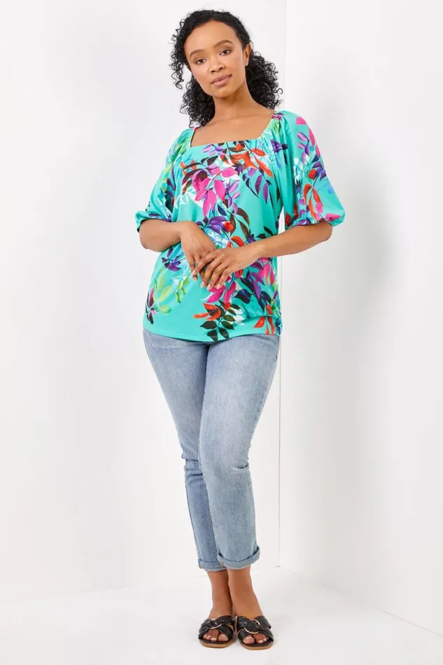 Green Petite Tropical Print Square Neck Top Women Roman Tops