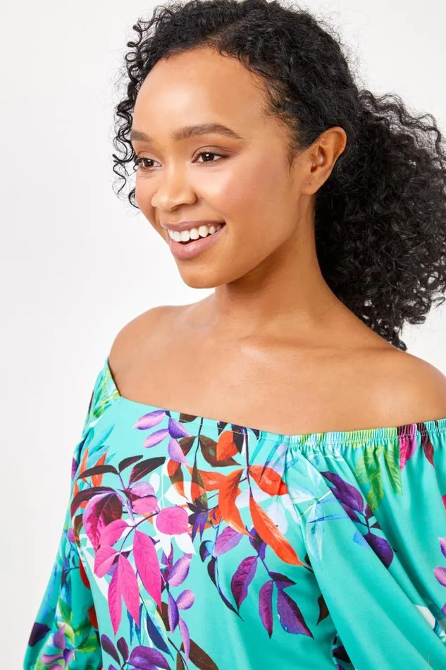 Green Petite Tropical Print Square Neck Top Women Roman Tops